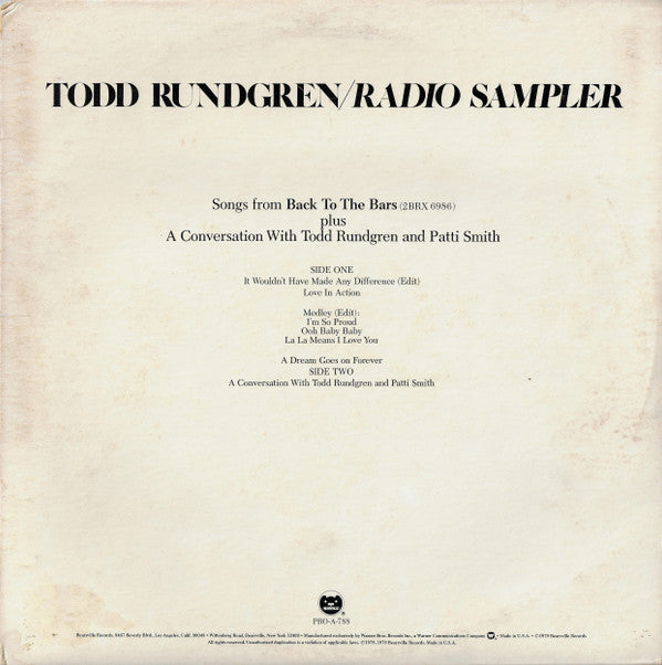 Todd Rundgren : Radio Sampler (LP, Promo, Smplr)