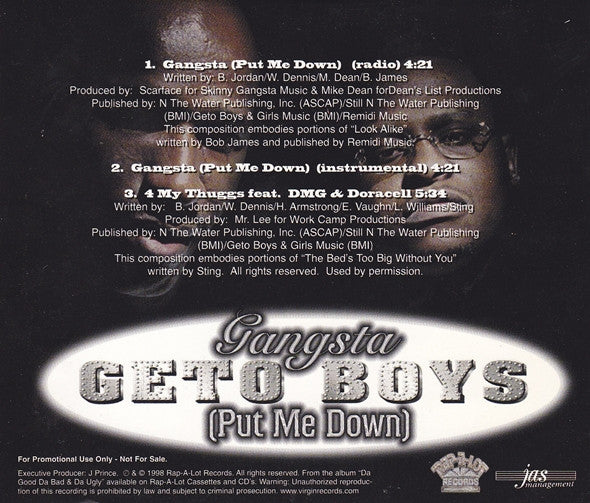 Geto Boys : Gangsta (Put Me Down) (CD, Single, Promo)
