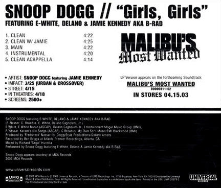Snoop Dogg Featuring E-White, Delano (8) & Jamie Kennedy AKA B-Rad (3) : Girls, Girls (CD, Single, Promo)
