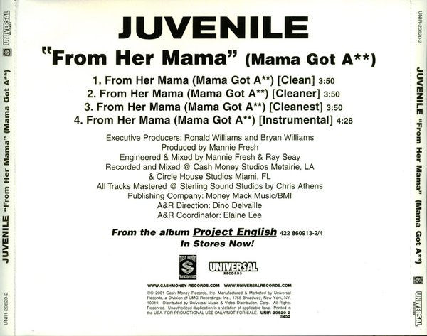 Juvenile (2) : From Her Mama (Mama Got A**) (CD, Single, Promo)