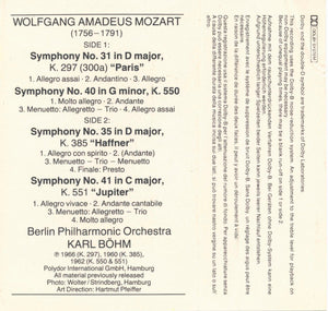 Berliner Philharmoniker, Karl Böhm : Mozart : Symphonies No.31 " Paris ", No. 35 " Haffner ", No. 40 In G Minor, No. 41 " Jupiter " (Cass, Comp, RE)