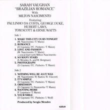 Load image into Gallery viewer, Sarah Vaughan With Milton Nascimento : Brazilian Romance (Cass, Album)