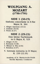 Load image into Gallery viewer, Wolfgang Amadeus Mozart - The Academy Of St. Martin-in-the-Fields / Sir Neville Marriner : Eine Kleine Nachtmusik / Sernata Notturna / Sinfonia Concertante (Cass, Album, RE, Cle)