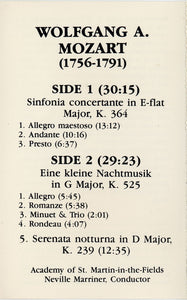 Wolfgang Amadeus Mozart - The Academy Of St. Martin-in-the-Fields / Sir Neville Marriner : Eine Kleine Nachtmusik / Sernata Notturna / Sinfonia Concertante (Cass, Album, RE, Cle)